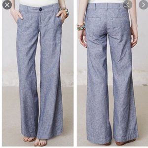 Anthro Pilcro Blue Linen Wide Leg Chambray Pants